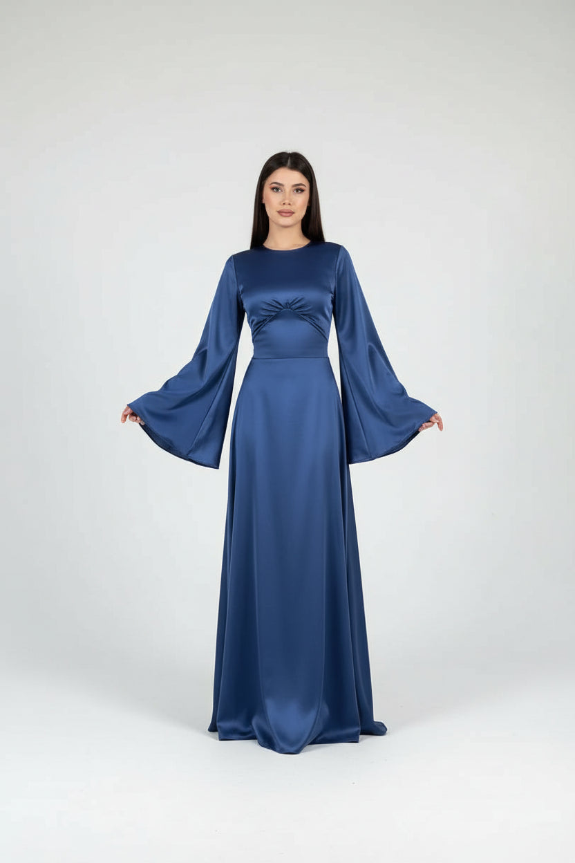 Robe longue femme satin avec manches évasées soirée | ROBEMODE