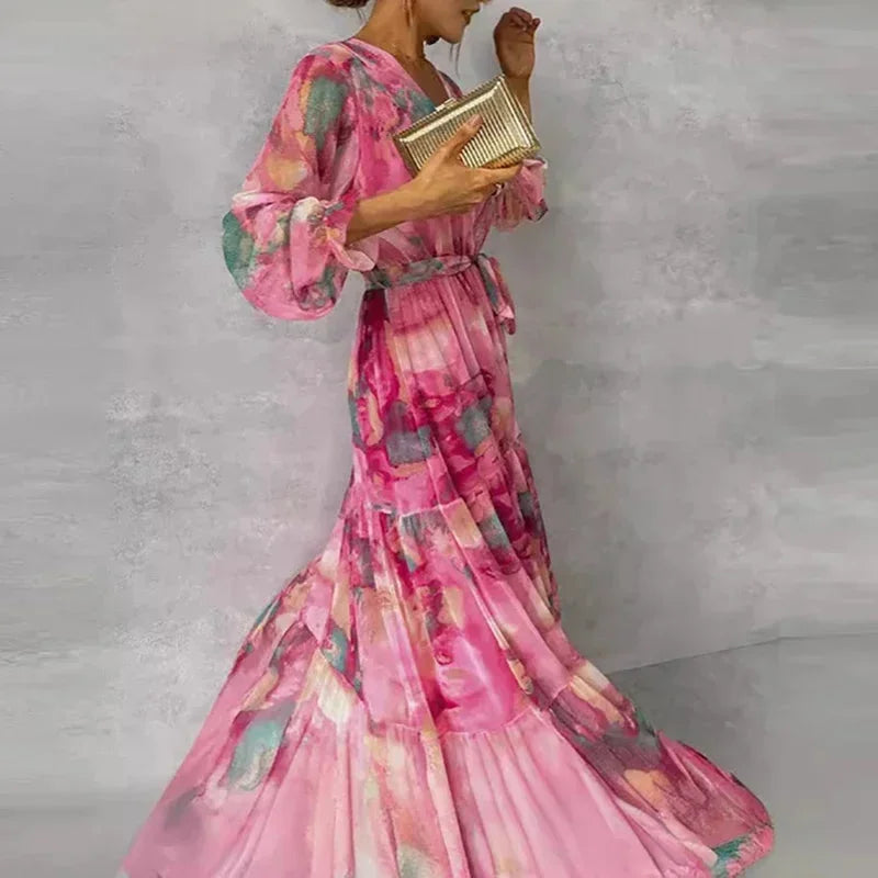 Robe Longue Rose Imprimée Femme Manches Longues Ceinture | ROBEMODE