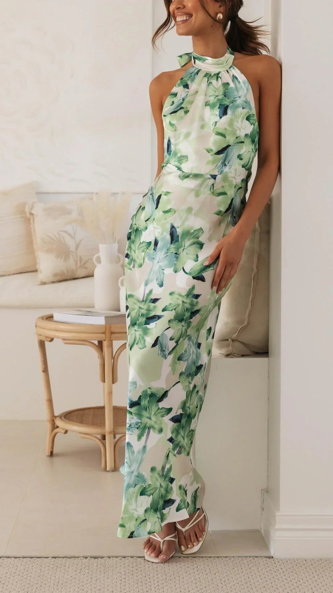 Robe Longue Femme Dos Nu Col Montant Floral Été | ROBEMODE