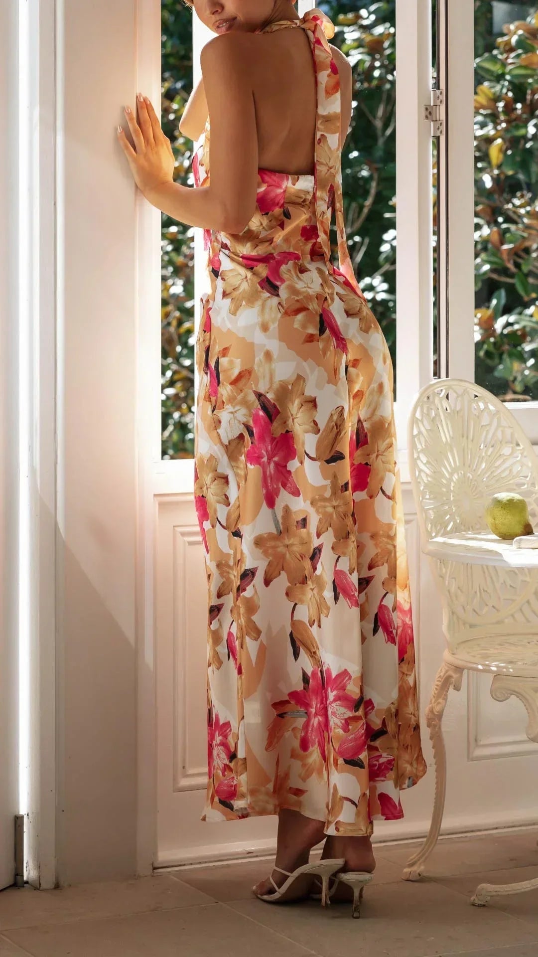 Robe Longue Femme Dos Nu Col Montant Floral Été | ROBEMODE