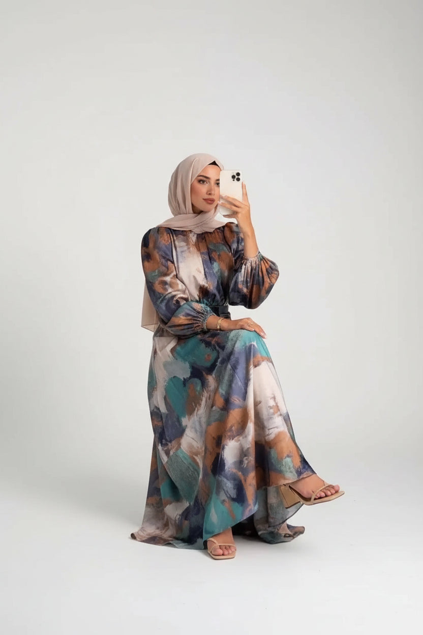 Robe longue femme imprimée multicolore à manches longues | ROBEMODE