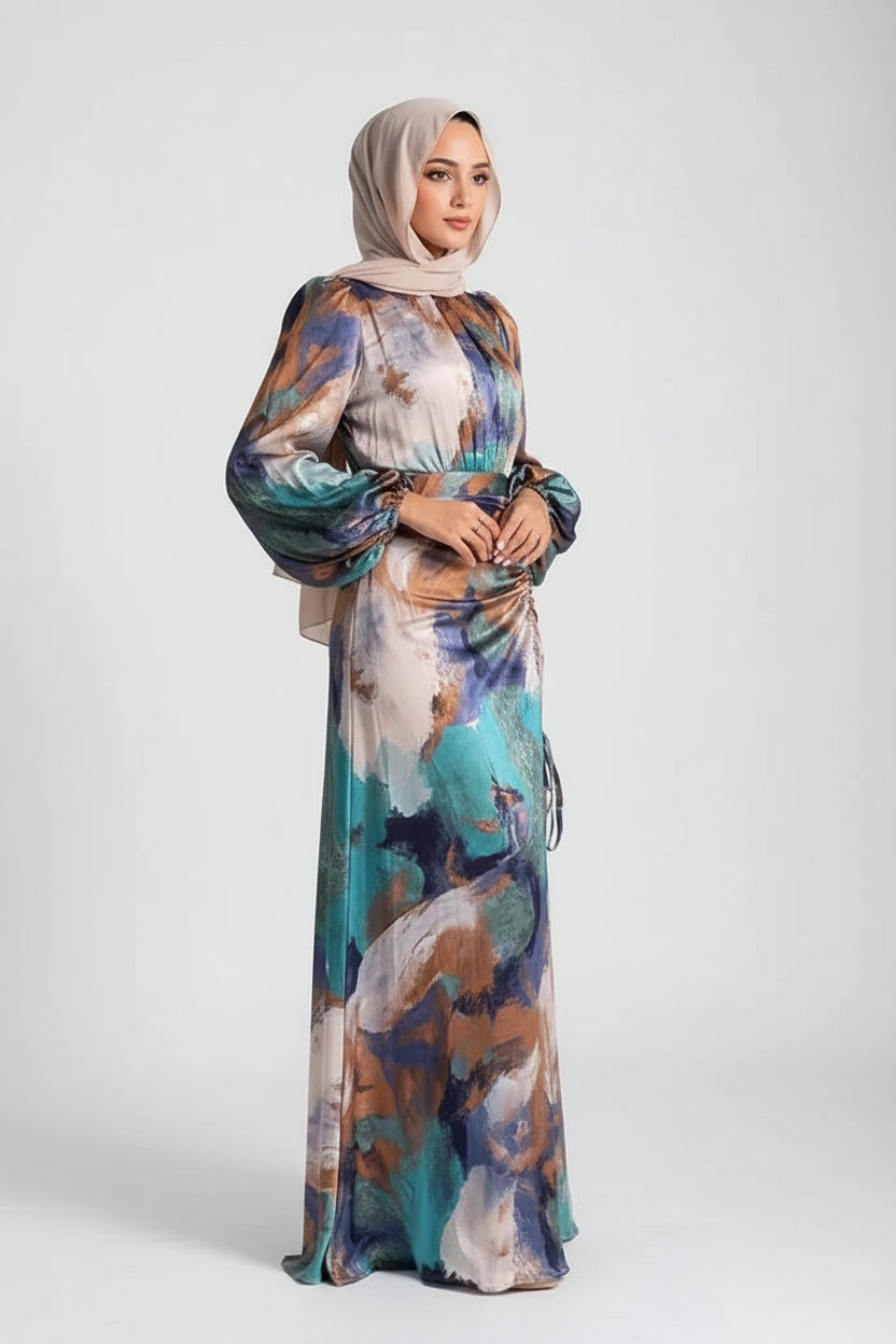 Robe longue femme imprimée multicolore à manches longues | ROBEMODE
