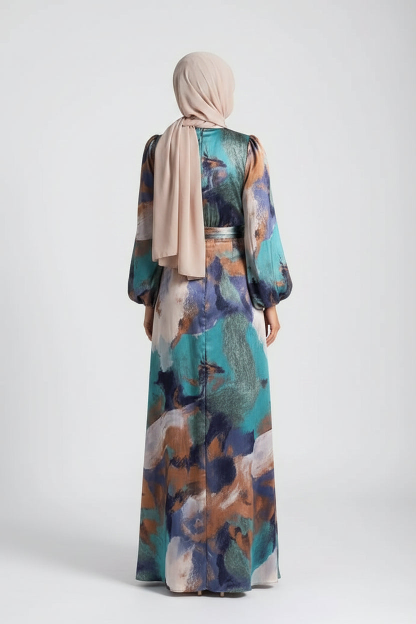 Robe longue femme imprimée multicolore à manches longues | ROBEMODE