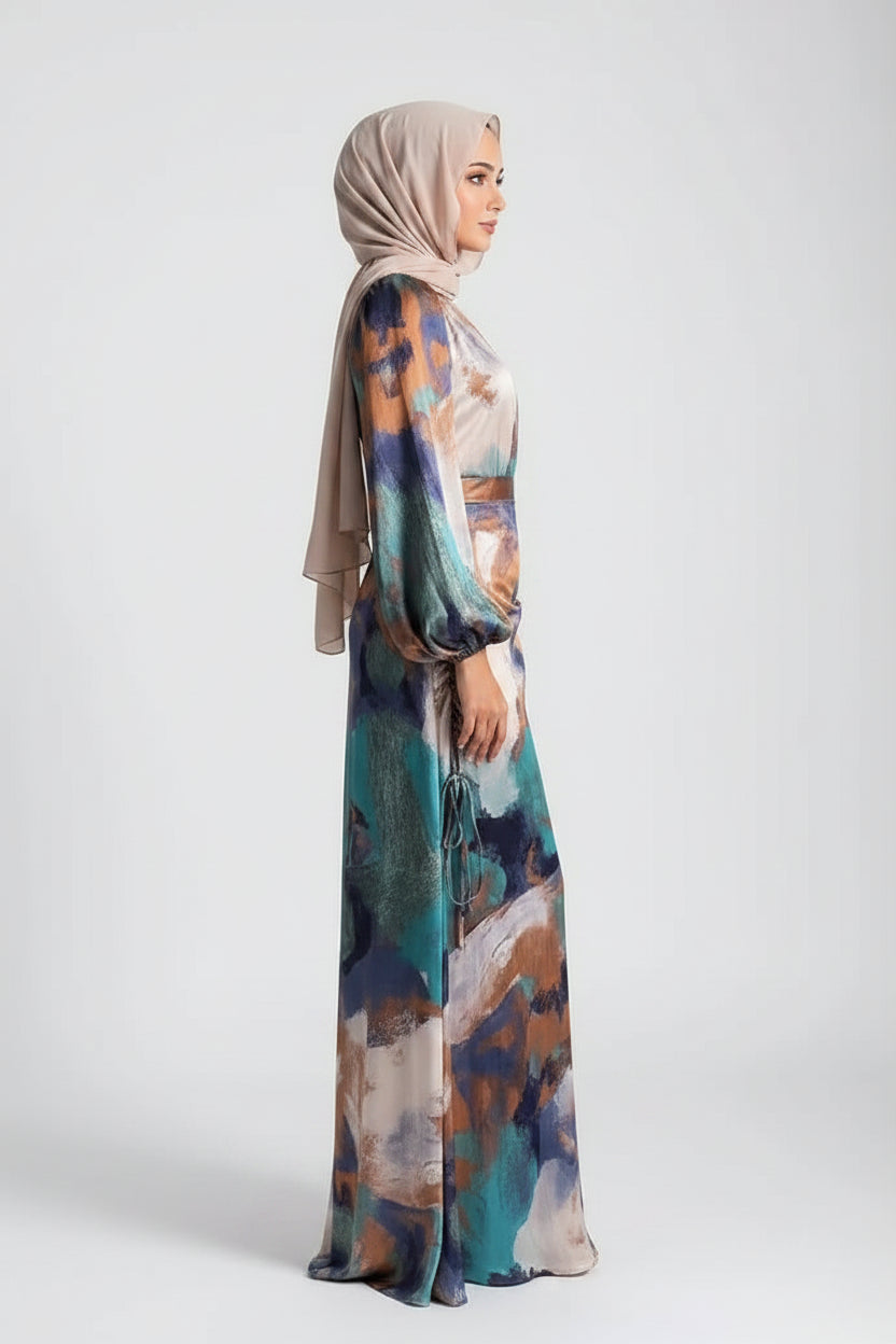 Robe longue femme imprimée multicolore à manches longues | ROBEMODE