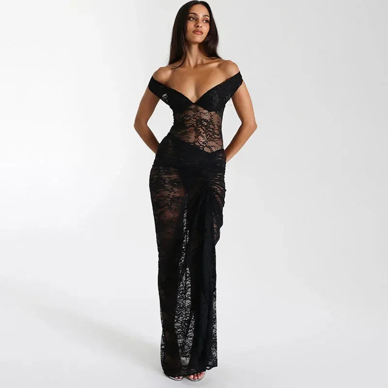 Robe longue femme épaules dénudées dentelle avec fente | Coupe féminine + Style élégant + Facile à accessoiriser – ROBEMODE