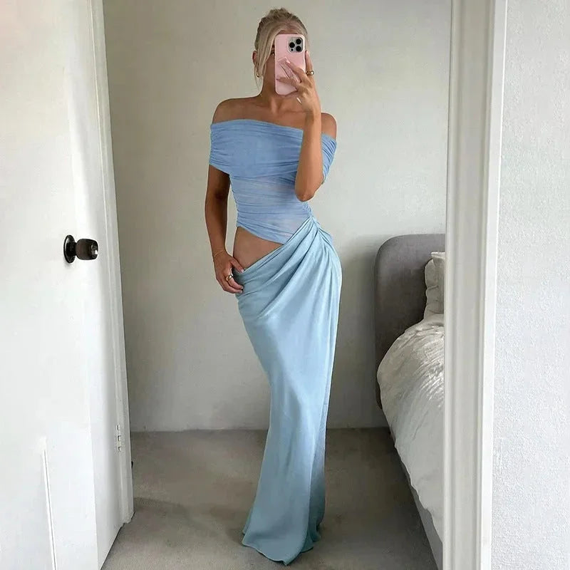 Robe longue femme fluide épaules dénudées découpes | Coupe féminine + Style élégant + Facile à accessoiriser – ROBEMODE