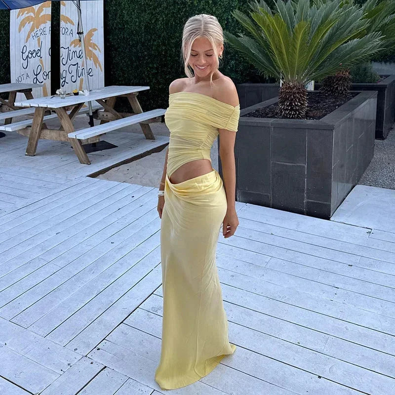 Robe longue femme fluide épaules dénudées découpes | Coupe féminine + Style élégant + Facile à accessoiriser – ROBEMODE