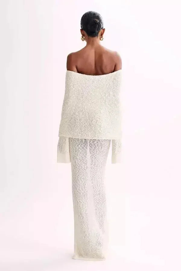 Robe longue femme épaules dénudées texturée soirée | ROBEMODE