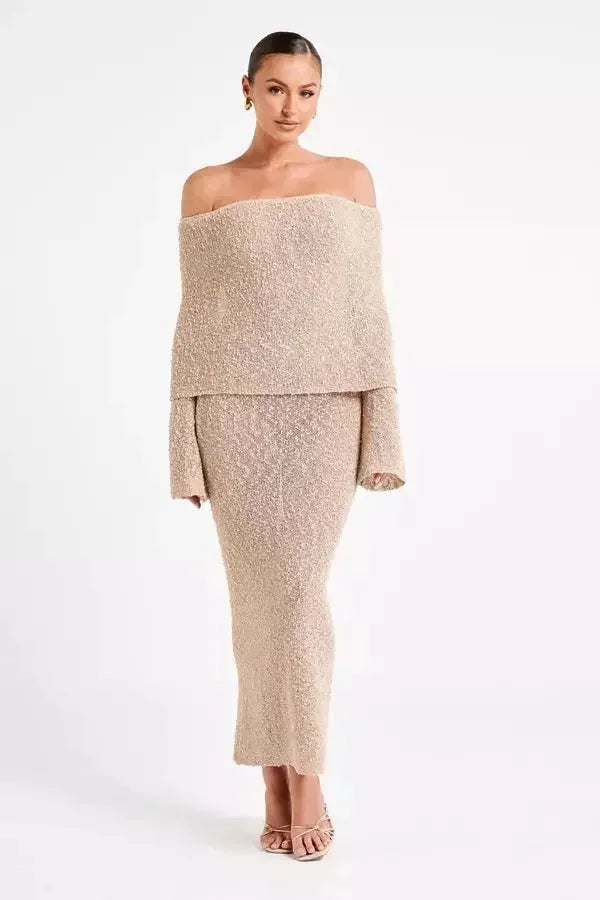 Robe longue femme épaules dénudées texturée soirée | ROBEMODE