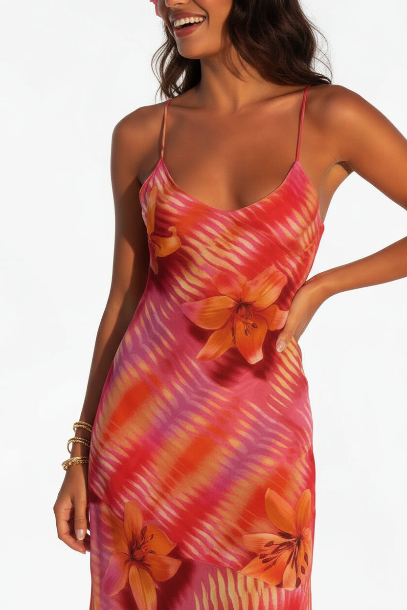 Robe longue femme rouge imprimé tropical bretelles fines | Coupe féminine + Style élégant + Facile à accessoiriser – ROBEMODE