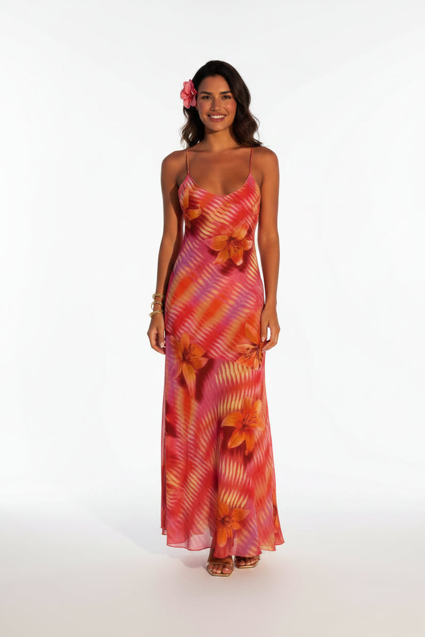 Robe longue femme rouge imprimé tropical bretelles fines | Coupe féminine + Style élégant + Facile à accessoiriser – ROBEMODE