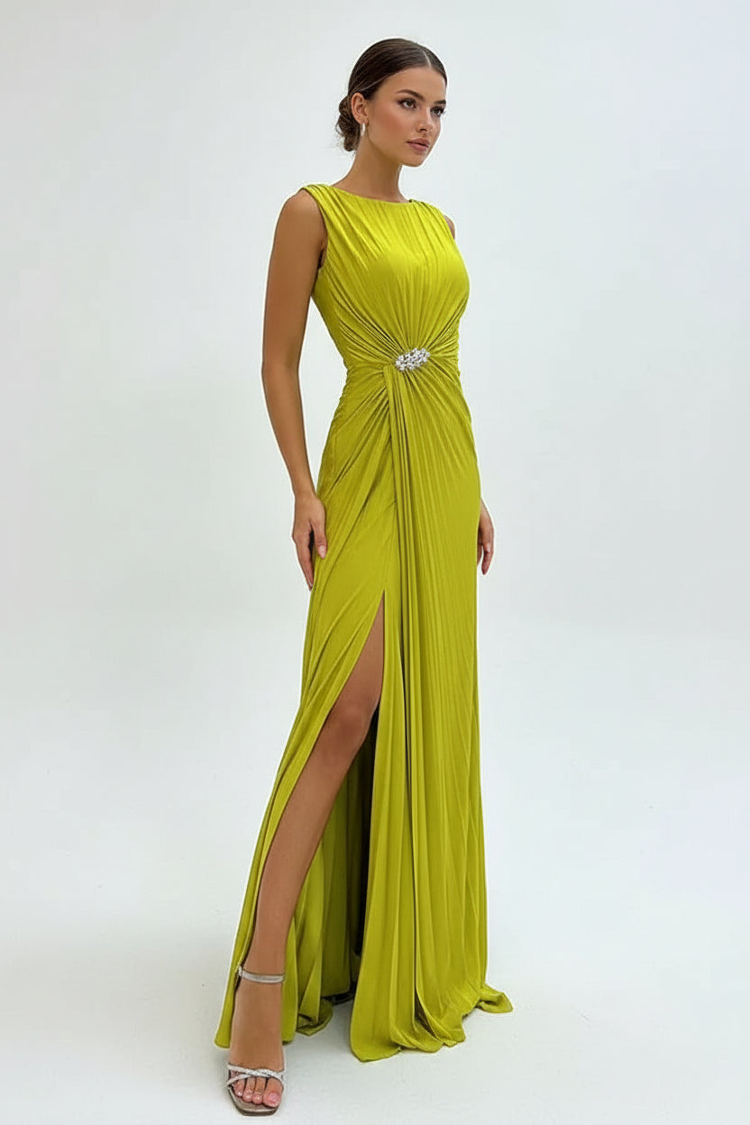 Robe longue fendue avec broche soirée sans manches | ROBEMODE