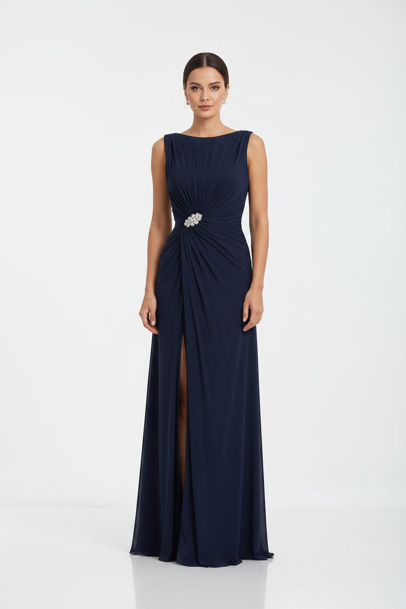 Robe longue fendue avec broche soirée sans manches | ROBEMODE