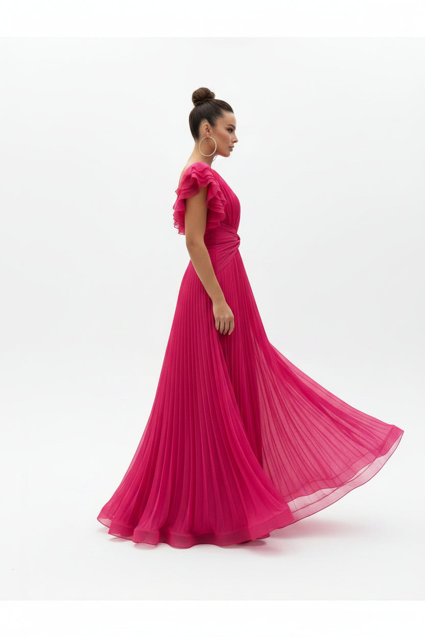 Robe Longue Plissée Manches Volants & Ceinture 3 Coloris | ROBEMODE