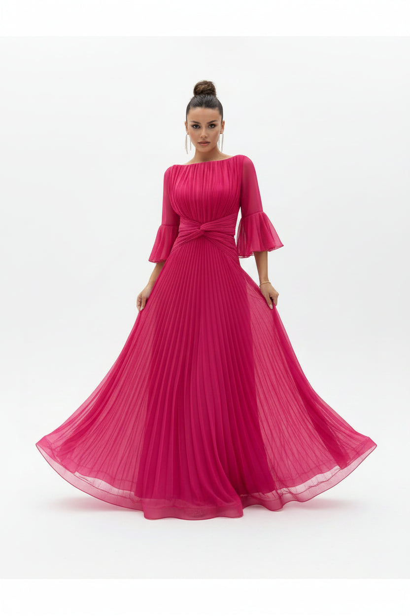 Robe Longue Plissée Manches Volants & Ceinture 3 Coloris | ROBEMODE