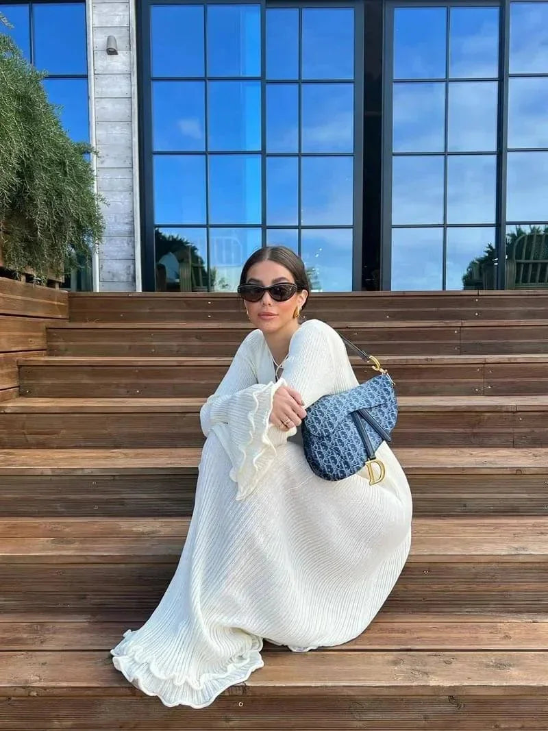 Robe longue femme plissée texturée manches évasées | ROBEMODE