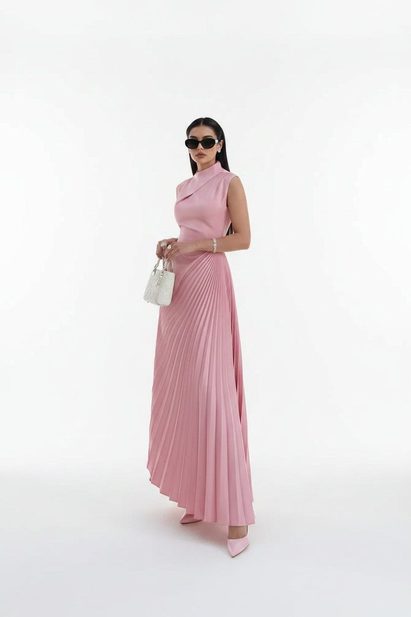 Robe longue rose plissée col asymétrique cérémonie | ROBEMODE