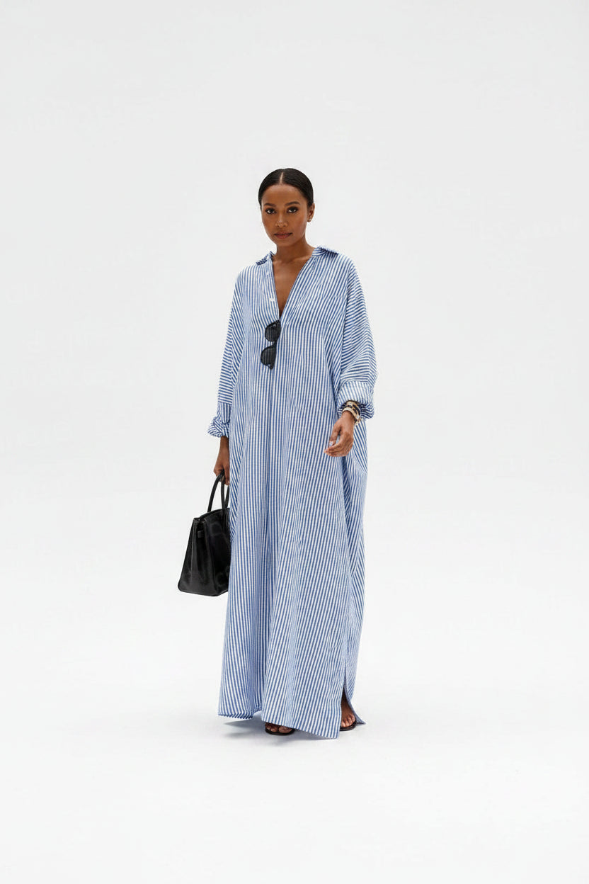 Robe Longue Rayures Col V Manches Longues Fluide 2 Coloris | ROBEMODE
