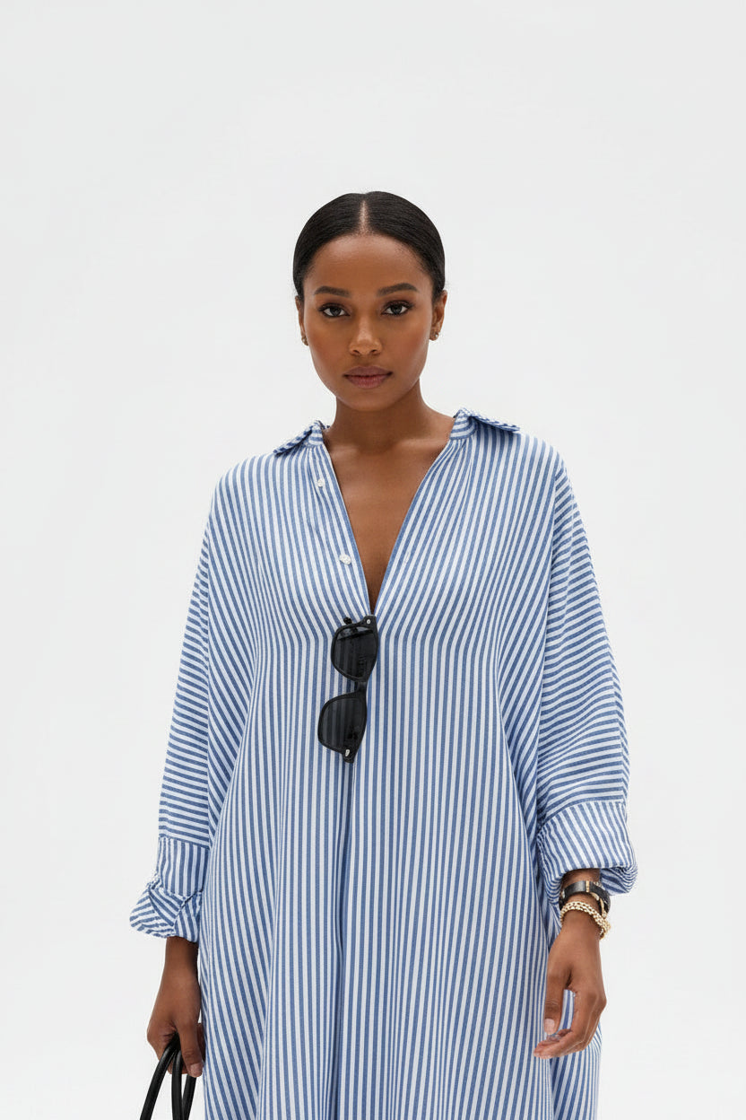 Robe Longue Rayures Col V Manches Longues Fluide 2 Coloris | ROBEMODE