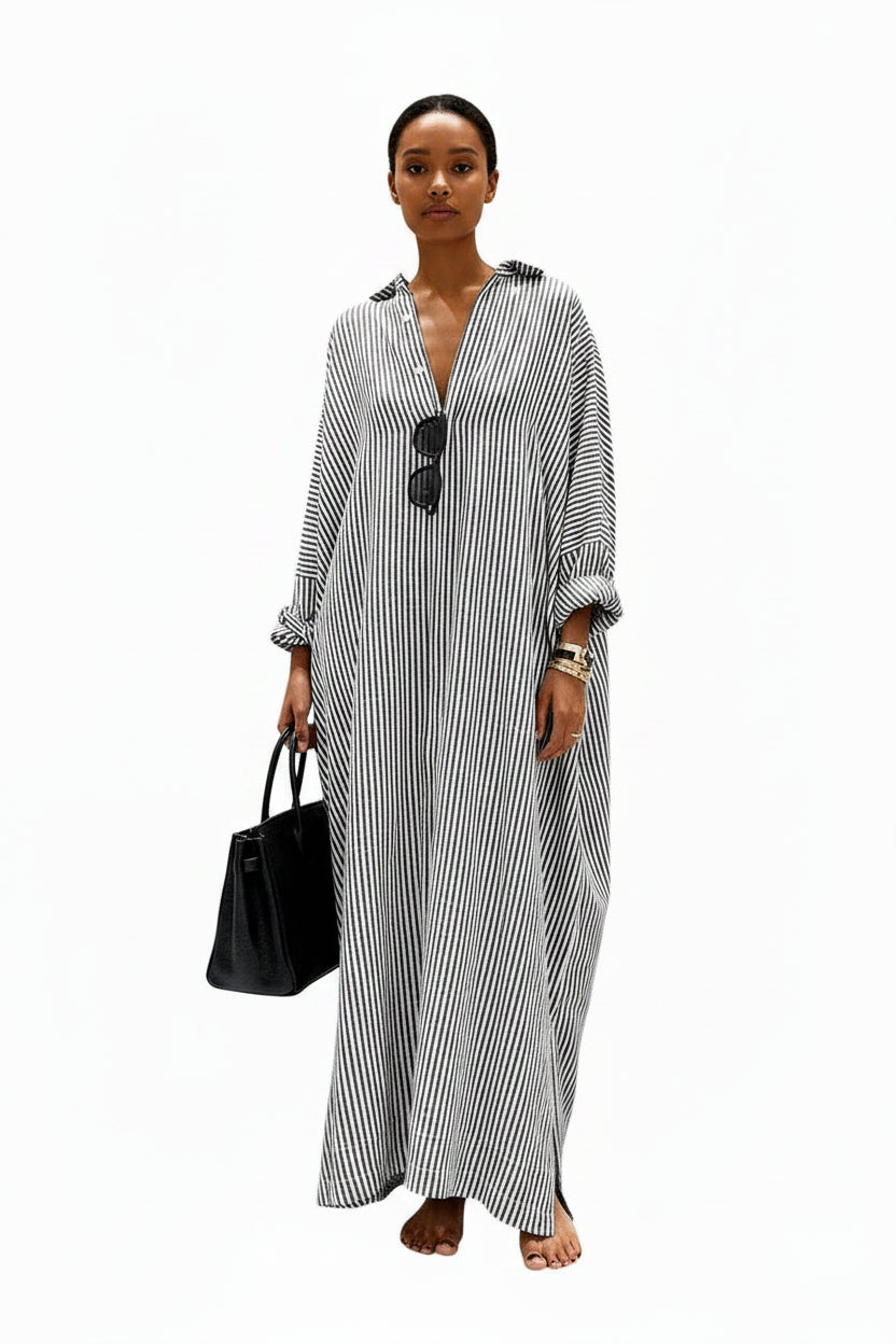 Robe Longue Rayures Col V Manches Longues Fluide 2 Coloris | ROBEMODE