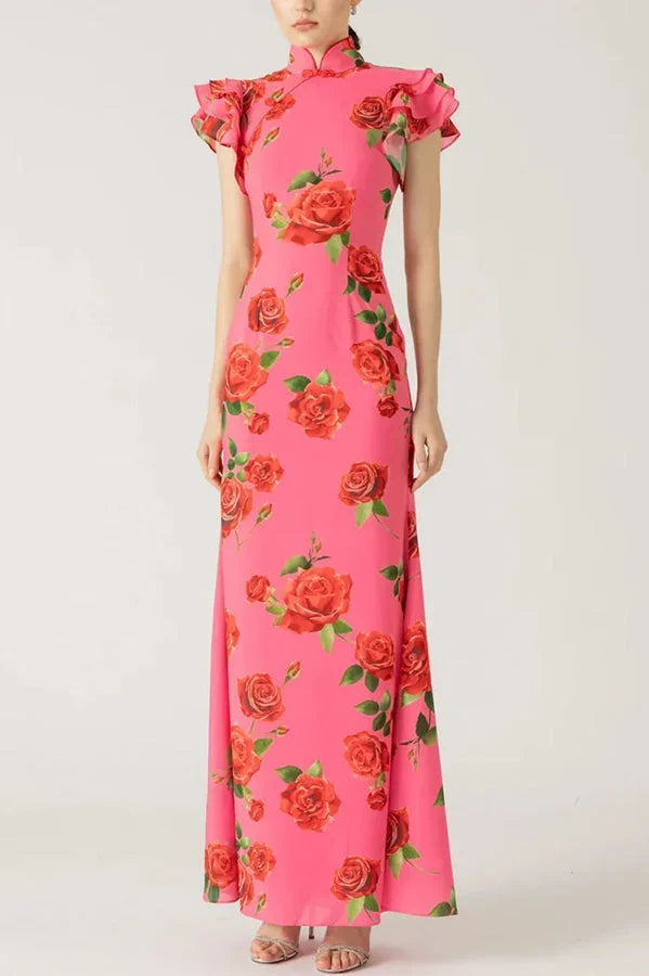 Robe longue femme florale rose à manches volantées | ROBEMODE