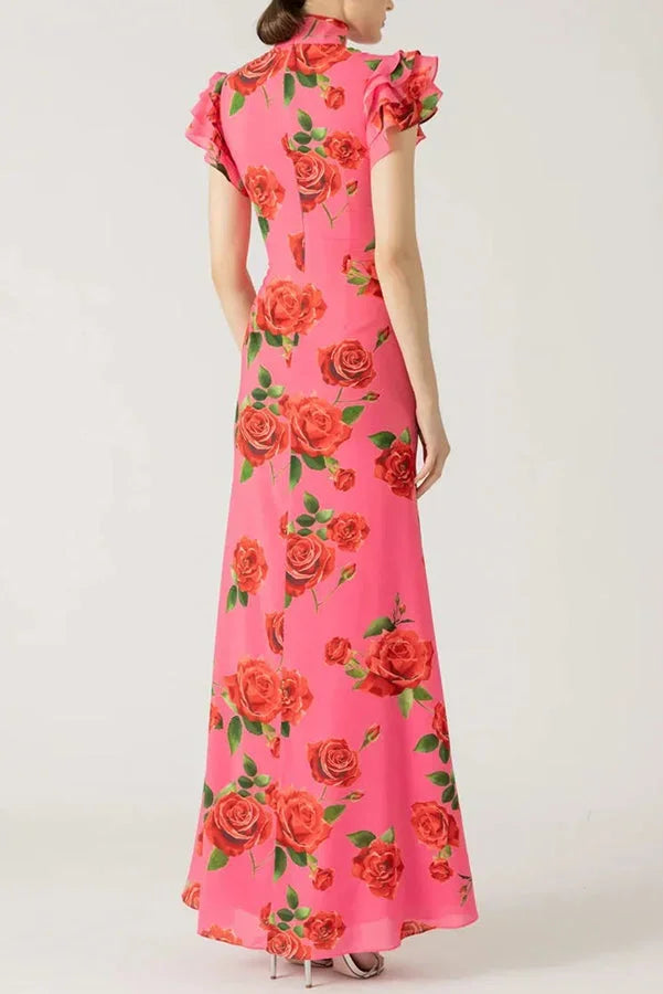 Robe longue femme florale rose à manches volantées | ROBEMODE