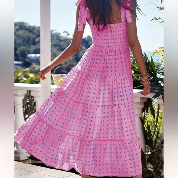 Robe longue rose femme à imprimé et bretelles nouées | Coupe féminine + Style élégant + Facile à accessoiriser – ROBEMODE