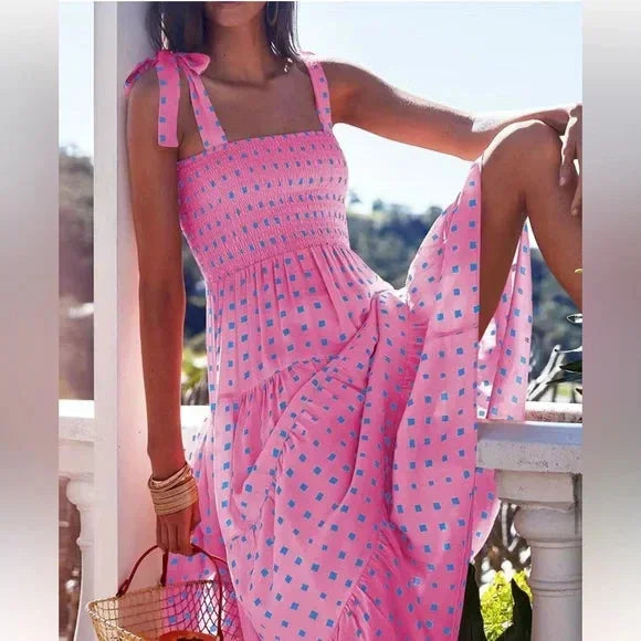 Robe longue rose femme à imprimé et bretelles nouées | Coupe féminine + Style élégant + Facile à accessoiriser – ROBEMODE