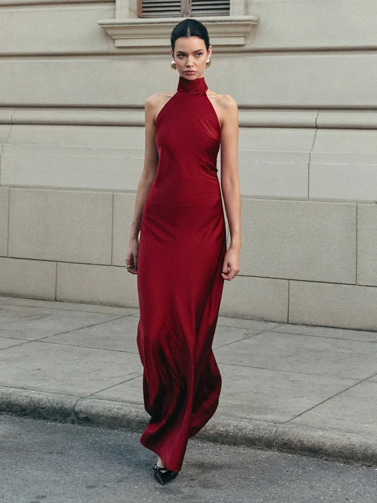 Robe Longue Femme Rouge Dos Nu Nœud Traînant Effet Satin Soirée | ROBEMODE