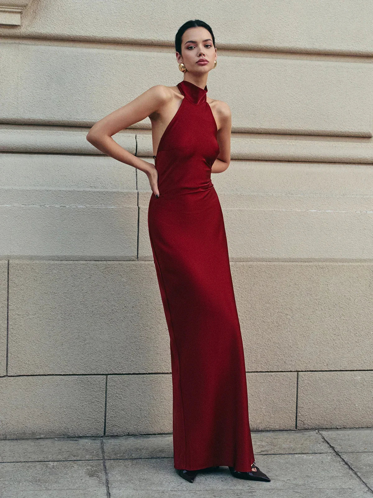Robe Longue Femme Rouge Dos Nu Nœud Traînant Effet Satin Soirée | ROBEMODE