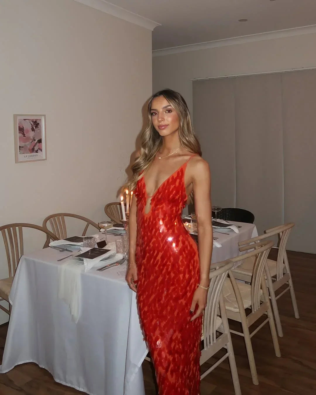 Robe Longue Femme Rouge à Sequins Bretelles Fines Soirée | ROBEMODE