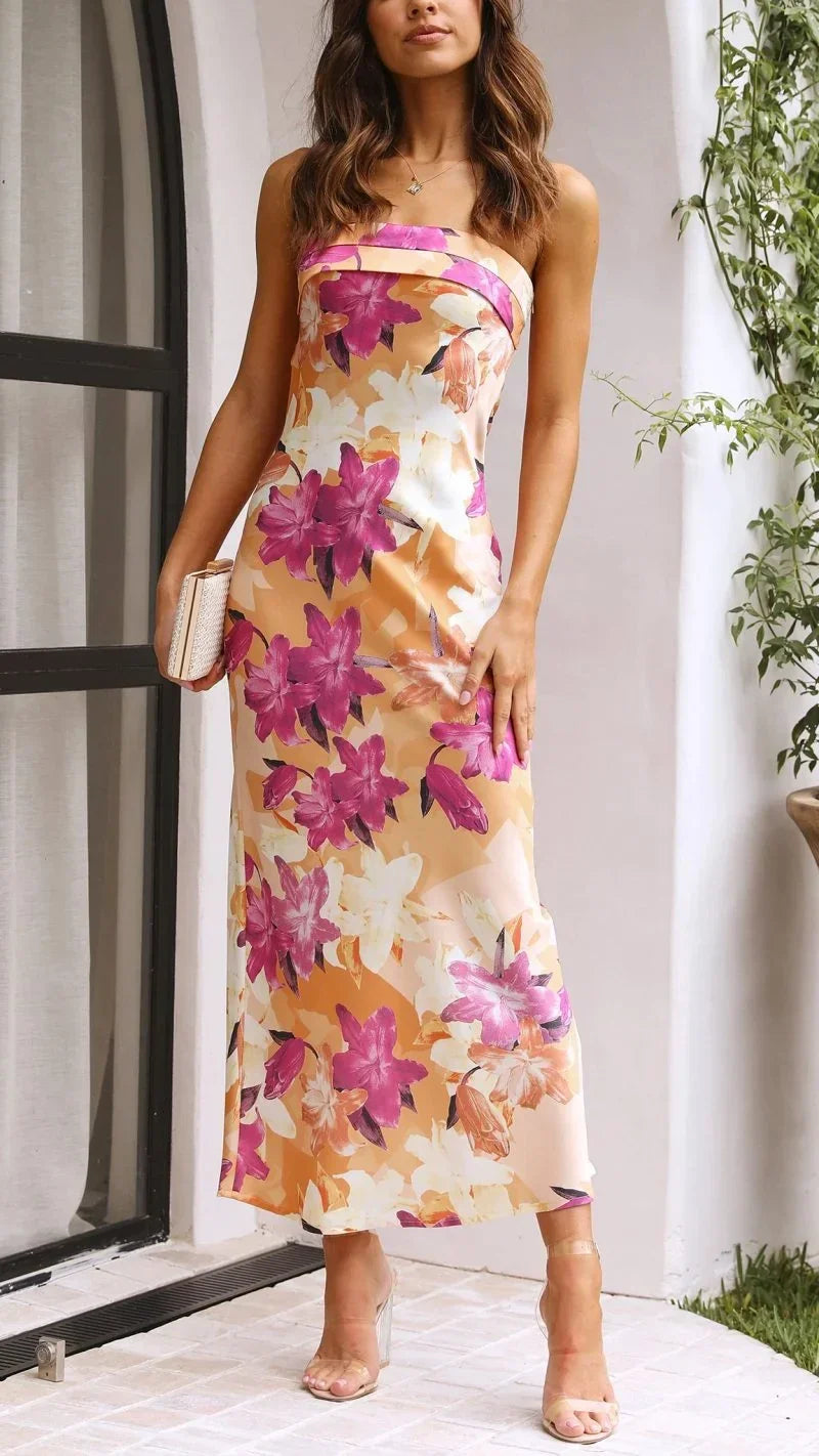 Robe longue femme sans bretelles à motif floral