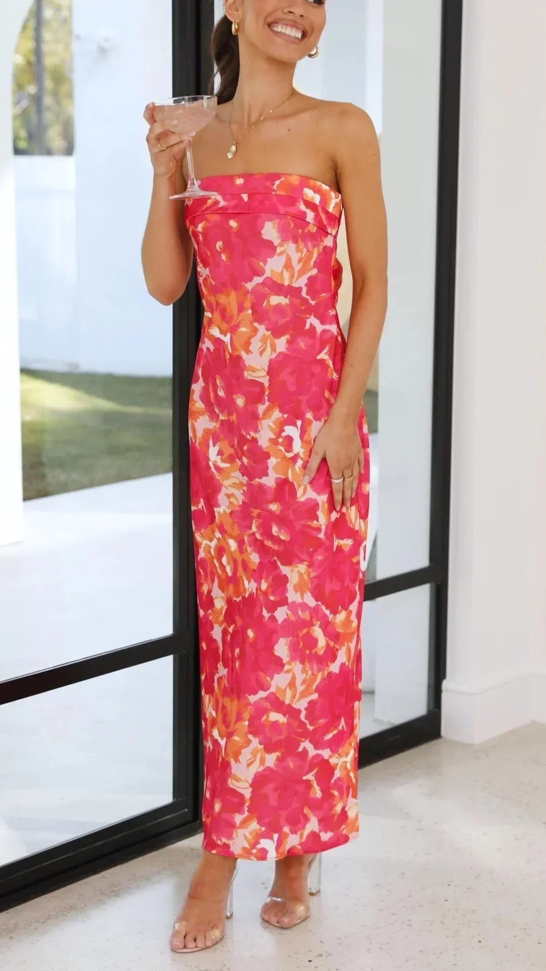 Robe longue femme sans bretelles à motif floral