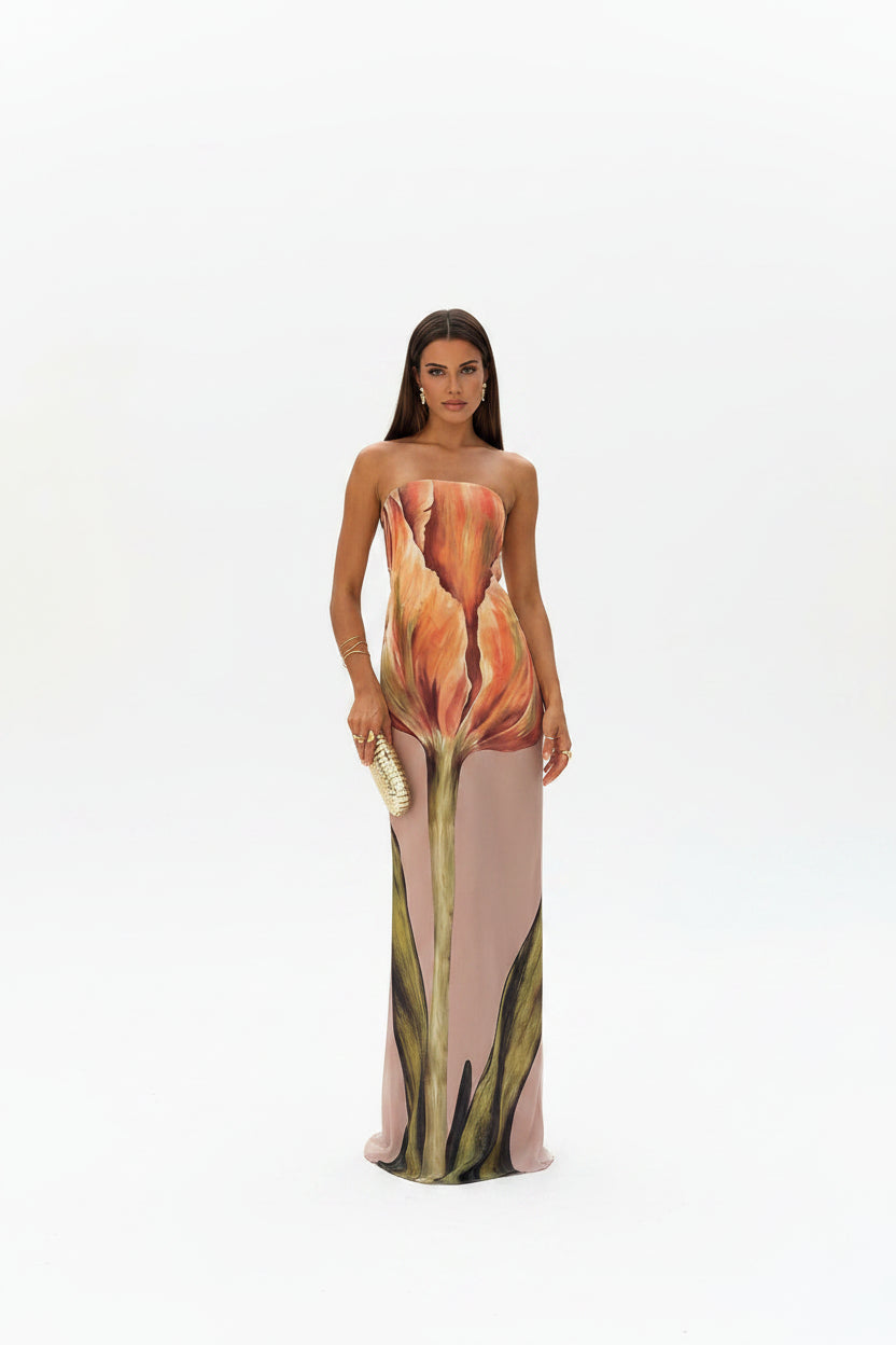 Robe longue florale sans bretelles motif orange | Coupe féminine + Style élégant + Facile à accessoiriser – ROBEMODE