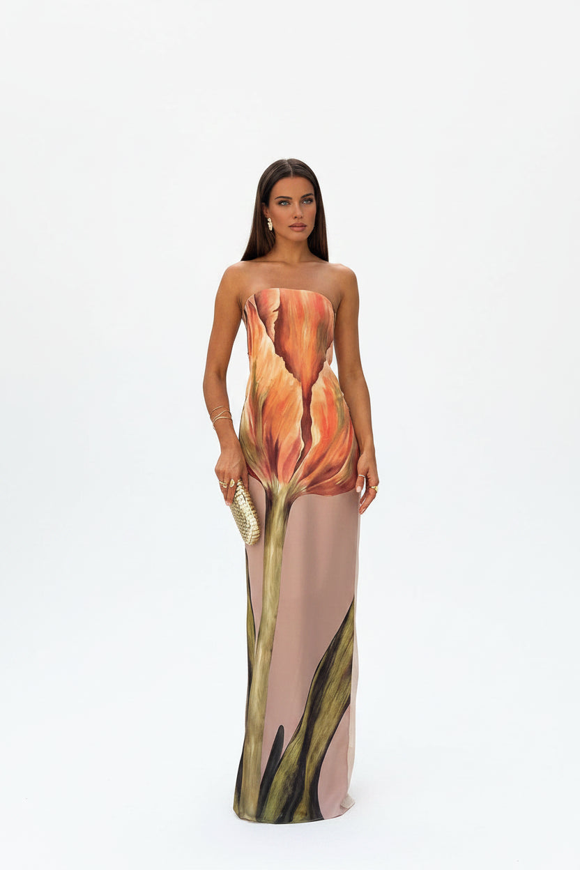 Robe longue florale sans bretelles motif orange | Coupe féminine + Style élégant + Facile à accessoiriser – ROBEMODE
