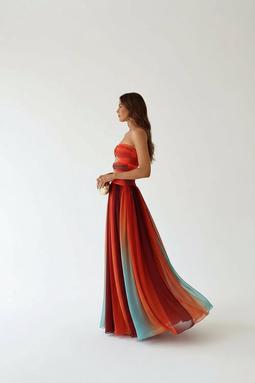 Robe longue femme sans bretelles rouge et orange été | Coupe féminine + Style élégant + Facile à accessoiriser – ROBEMODE