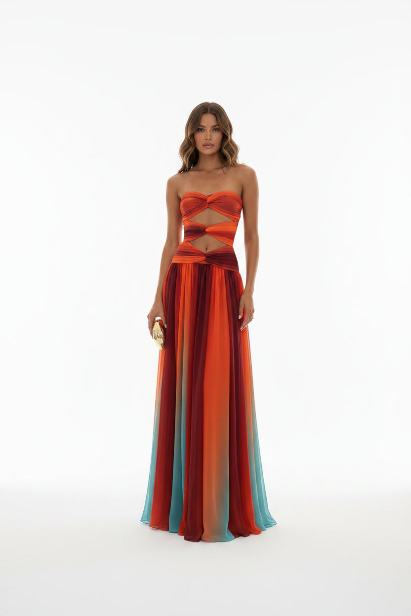Robe longue femme sans bretelles rouge et orange été | Coupe féminine + Style élégant + Facile à accessoiriser – ROBEMODE