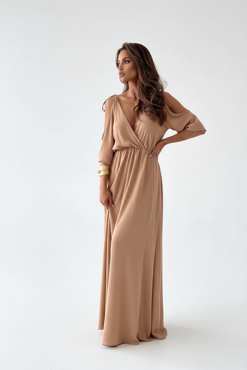 Robe longue femme avec col V et manches ouvertes | Coupe féminine + Style élégant + Facile à accessoiriser – ROBEMODE