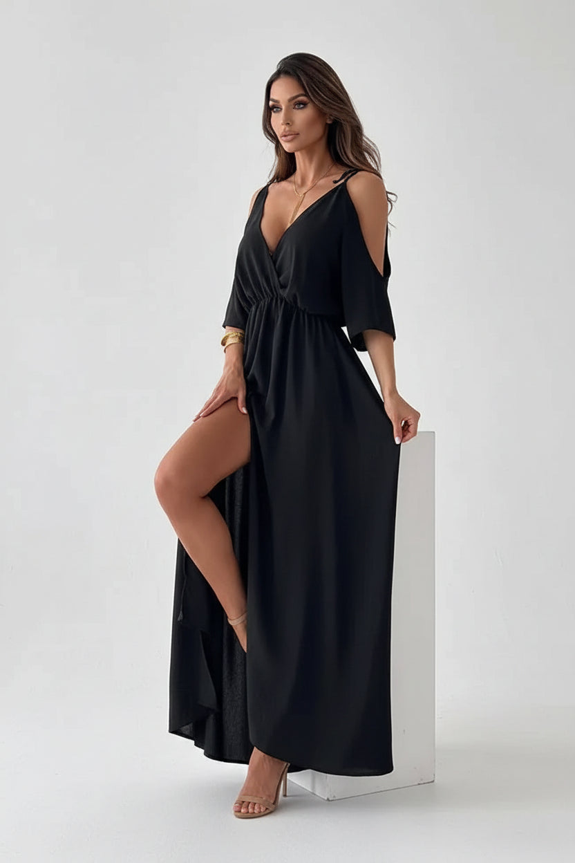 Robe longue femme avec col V et manches ouvertes | Coupe féminine + Style élégant + Facile à accessoiriser – ROBEMODE