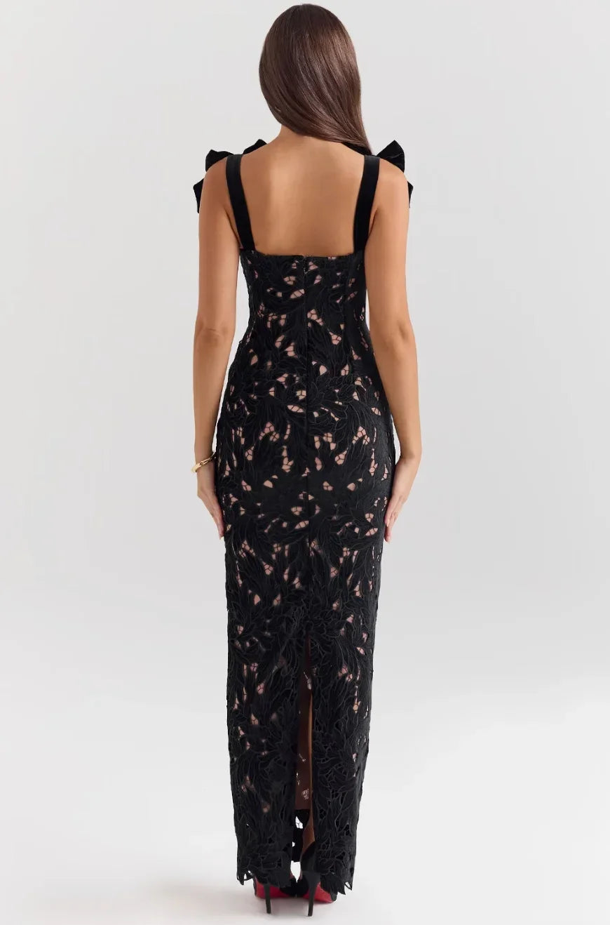 Robe longue femme en dentelle avec nœuds épaules