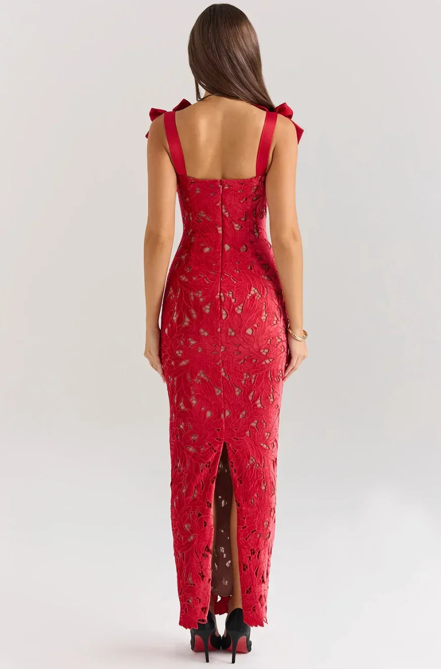 Robe longue femme en dentelle avec nœuds épaules