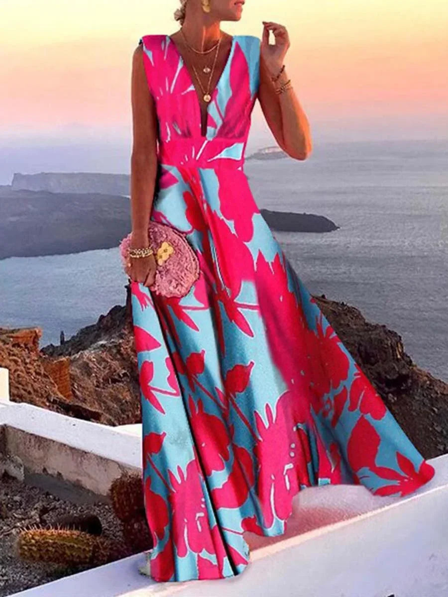 Robe longue femme dos nu col en V évasée