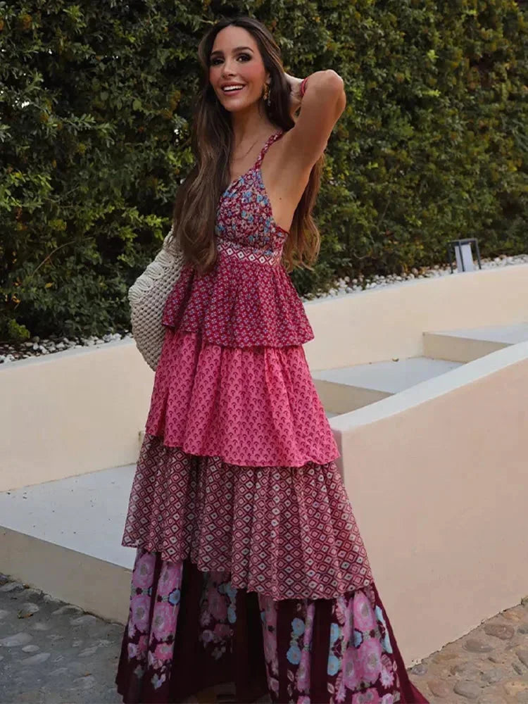 Robe longue femme rouge et rose sans manches à volants | Coupe féminine + Style élégant + Facile à accessoiriser – ROBEMODE