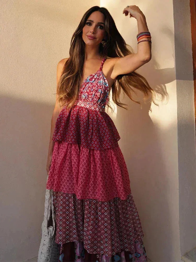 Robe longue femme rouge et rose sans manches à volants | Coupe féminine + Style élégant + Facile à accessoiriser – ROBEMODE