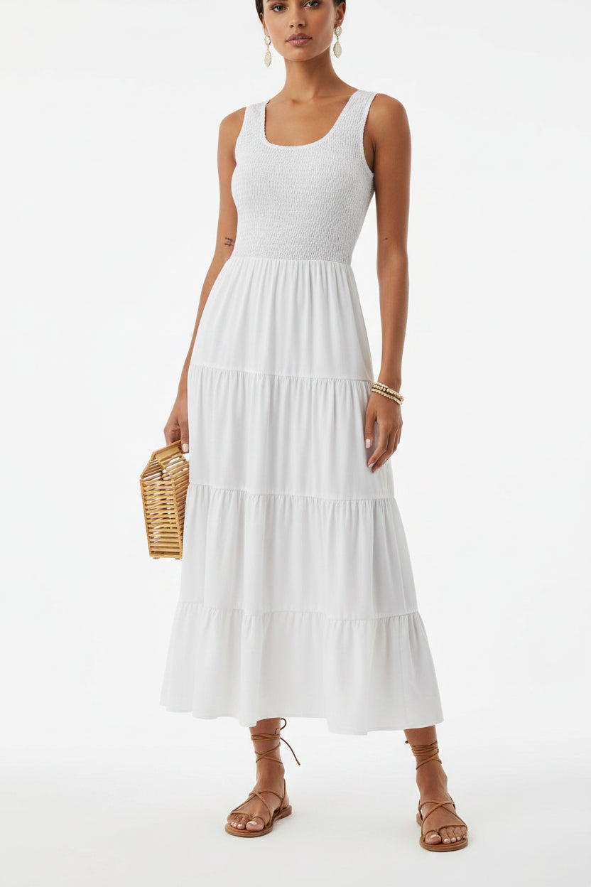 Robe longue femme avec smocks et volants sans manches | Coupe féminine + Style élégant + Facile à accessoiriser – ROBEMODE