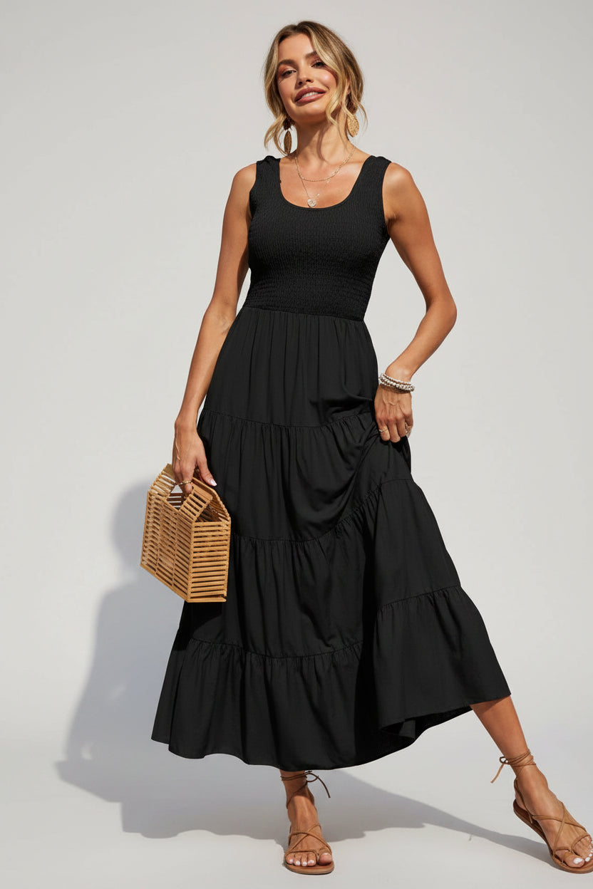Robe longue femme avec smocks et volants sans manches | Coupe féminine + Style élégant + Facile à accessoiriser – ROBEMODE