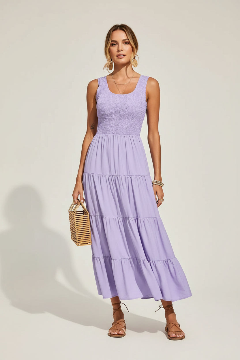Robe longue femme avec smocks et volants sans manches | Coupe féminine + Style élégant + Facile à accessoiriser – ROBEMODE