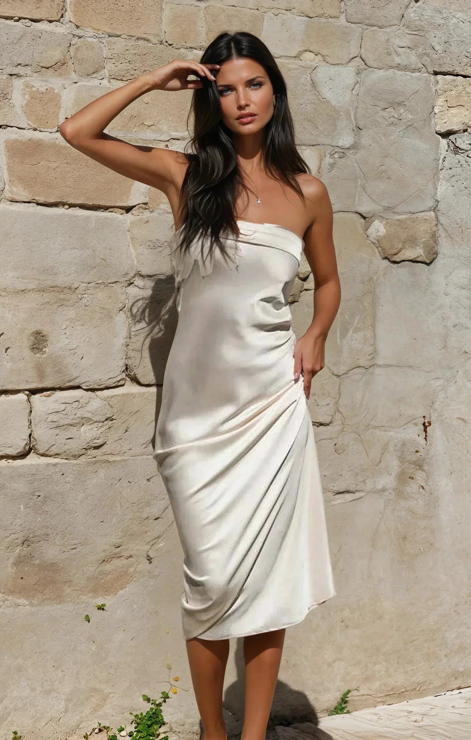 Robe longue satinée femme sans bretelles pour soirée
