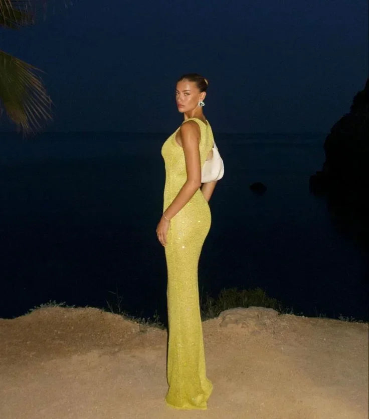 Robe Longue Scintillante Sans Manches Encolure Plongeante | ROBEMODE