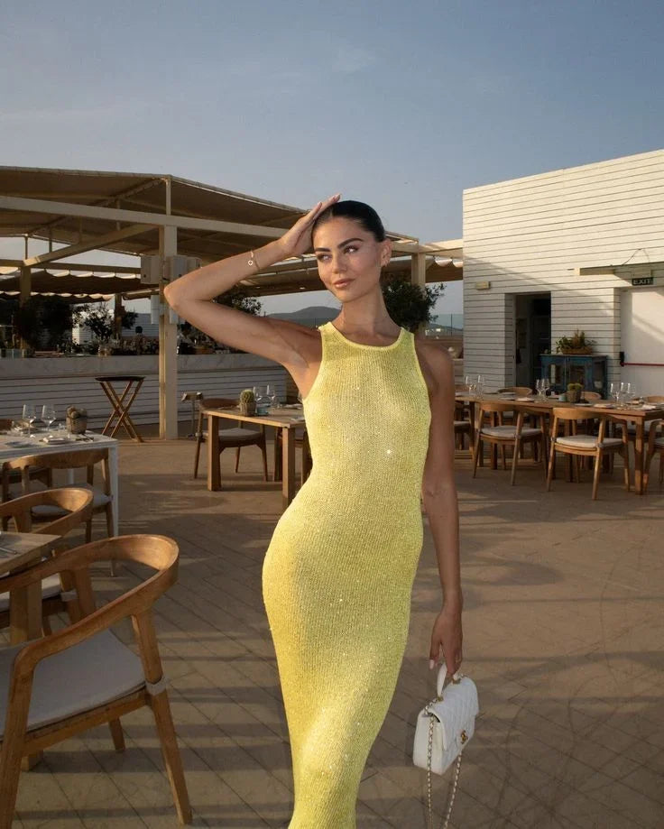 Robe Longue Scintillante Sans Manches Encolure Plongeante | ROBEMODE